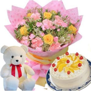 Flowers with Cake n Teddy